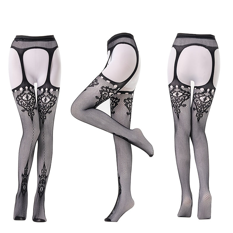 4-Pack Sexy Hollow-Out Fishnet Pantyhose Set, Women'S Breathable Elastic Garter Belt Hosiery, Floral Knit Polyamide 95% Elastane 5% for Wedding Theme