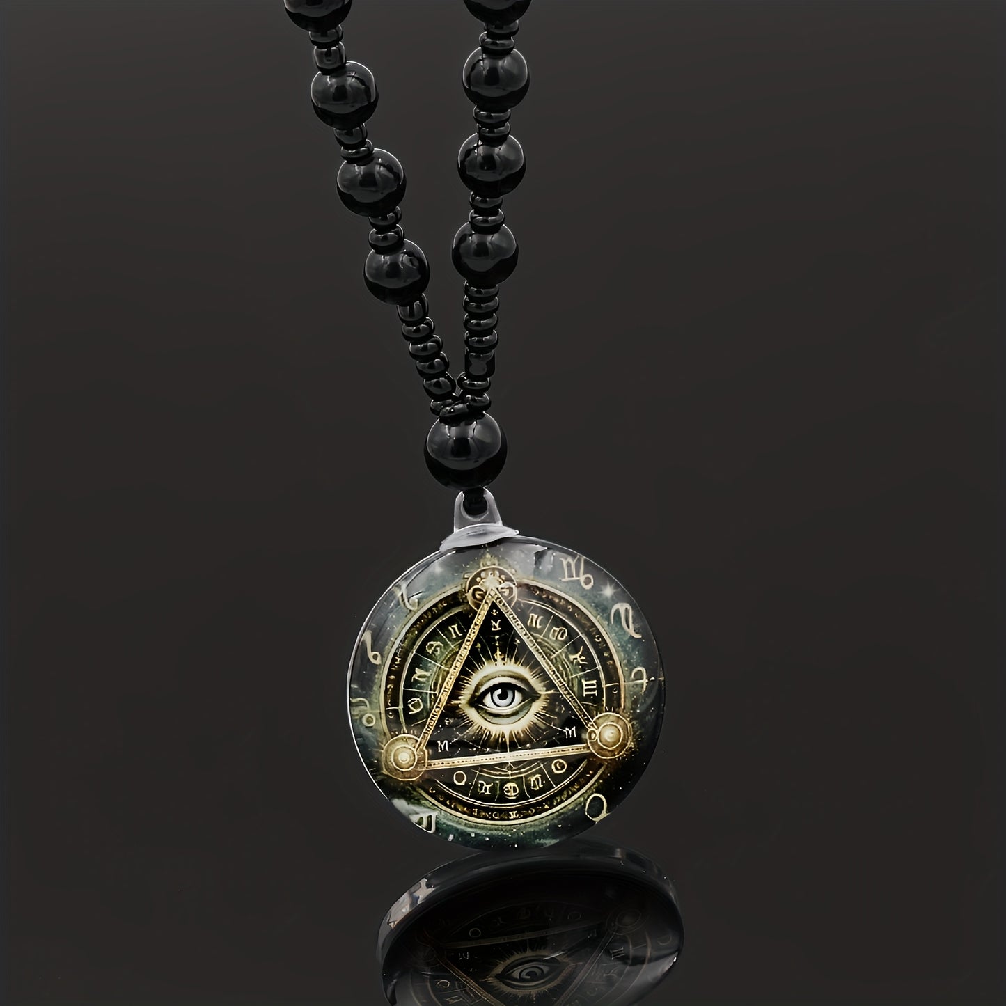 Women Men's Illuminati's Eye of Horus Round Pendant Long Chain Necklace, Glass Beads Rosary Ancient Egyptian Amulet Necklace - Religious Gift
