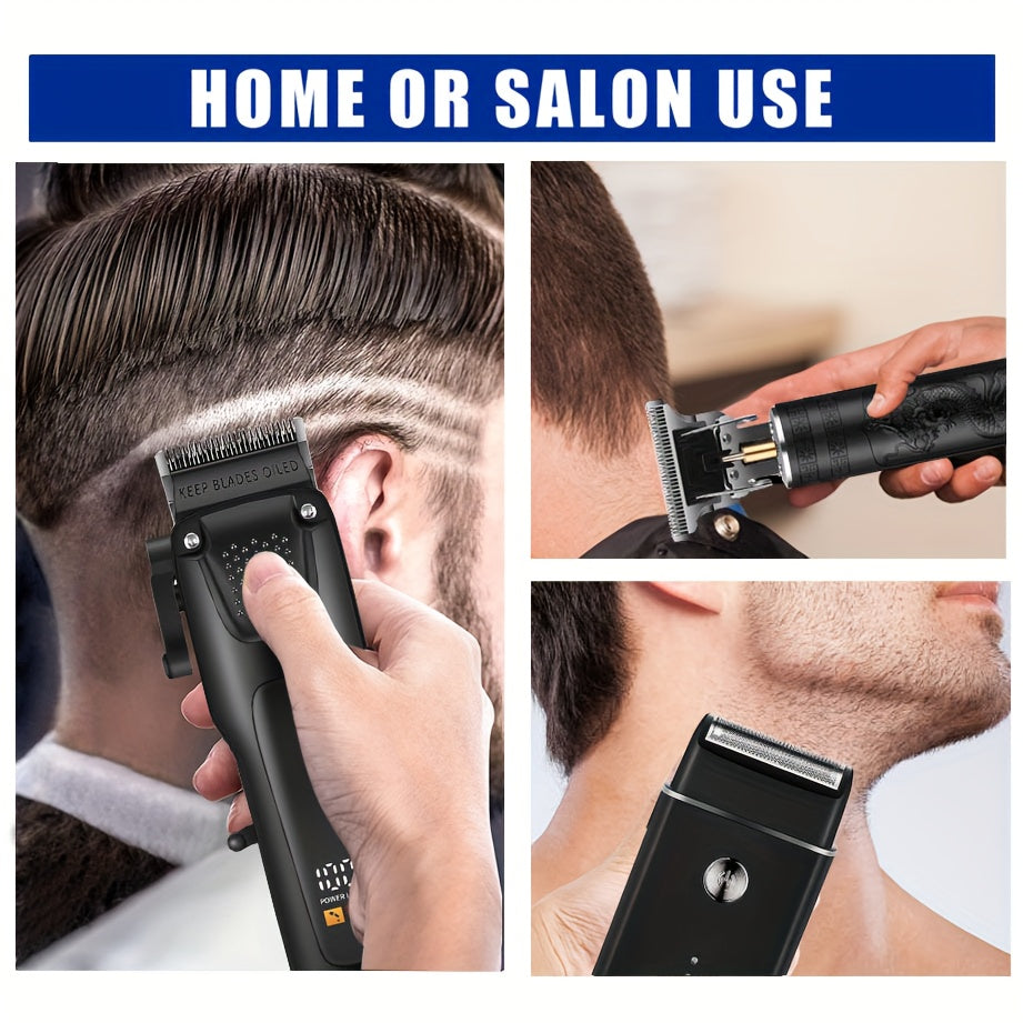3 PCS Set Men's Professional Hair & Beard Grooming Kit - Cordless Clippers with LED Display, Precision Trimmer Set, USB Rechargeable, for Home Use, Perfect Holiday Gift