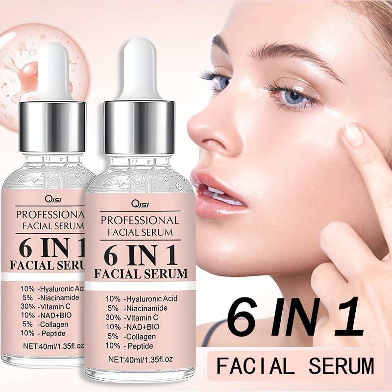 This Set Includes 2 Bottles of 6 IN 1 Facial Serum, Featuring Hyaluronic Acid, Collagen, Niacinamide, Peptides, And NAD+BIO. It Offers a Firming And Moisturizing Formula Suitable for All Light Skin Tones, Is Non-Irritating, A