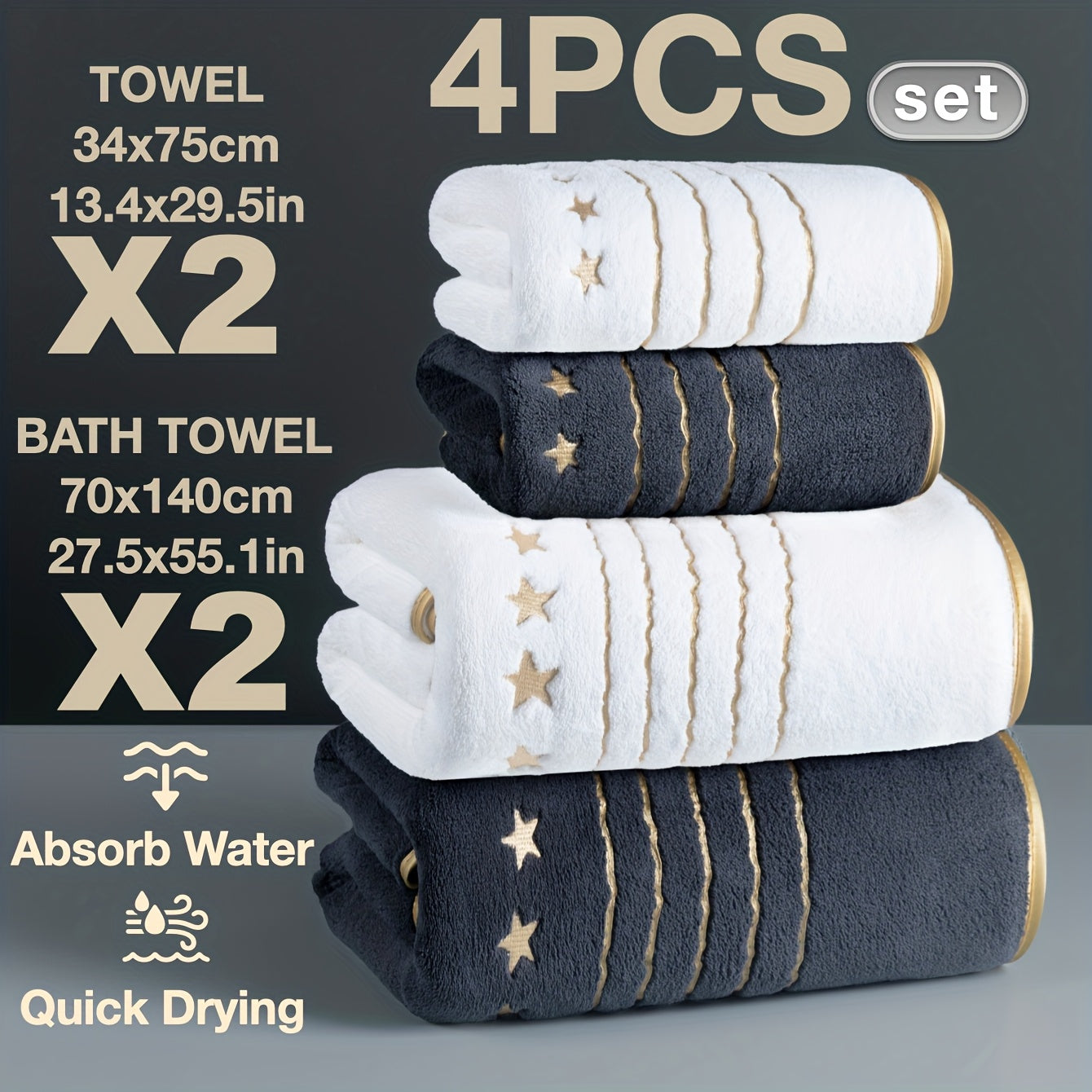 4/6-PCS Set Ultra-Soft Golden Thread Light Luxury Five-Star Embroidered Towel Bath Towel Set, 2 Bath Towels 69.85 X 139.95 cm, 2 Hand Towels 34.04 X 74.93 cm, 2 Washcloths 34.04 X 34.04 cm, Perfect for Home, Hotel, and Spa Us
