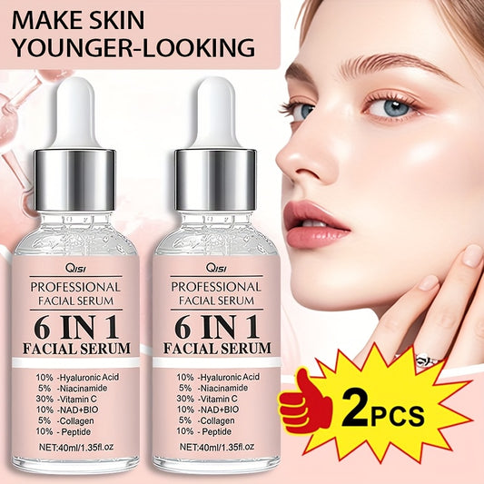This Set Includes 2 Bottles of 6 IN 1 Facial Serum, Featuring Hyaluronic Acid, Collagen, Niacinamide, Peptides, And NAD+BIO. It Offers a Firming And Moisturizing Formula Suitable for All Light Skin Tones, Is Non-Irritating, A