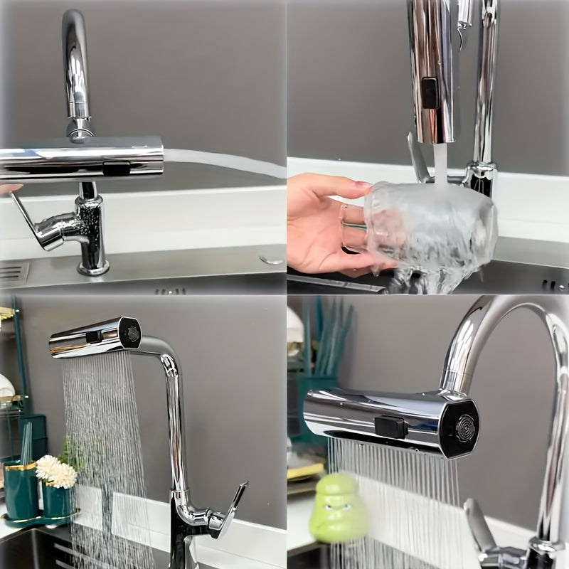 Modern Kitchen Faucet with 3-in-1 360° Rotating Waterfall, Water-Saving Aerator, 3 Flow Modes | Polished Finish, Pressure Boosting Extension, Splash-Proof Nozzle, RV Kitchen Faucet, Kitchen Sink Faucet