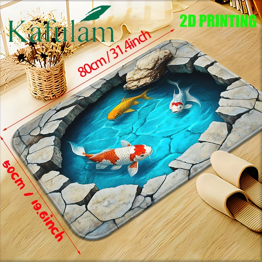 2D Carpet with Koi Fish Design | Flannel and Polyester, Machine Washable, Suitable for Bathroom, Bedroom, Living Room Entrance | Durable and Decorative Bath Mat