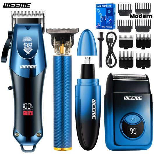 4 PCS Set Men's electric hair clipper, nose hair clipper, shaver set - wireless USB charging professional hair clipper set with lithium battery - his ideal gift, hair accessories | modern hair clipper tools | fashionable blue