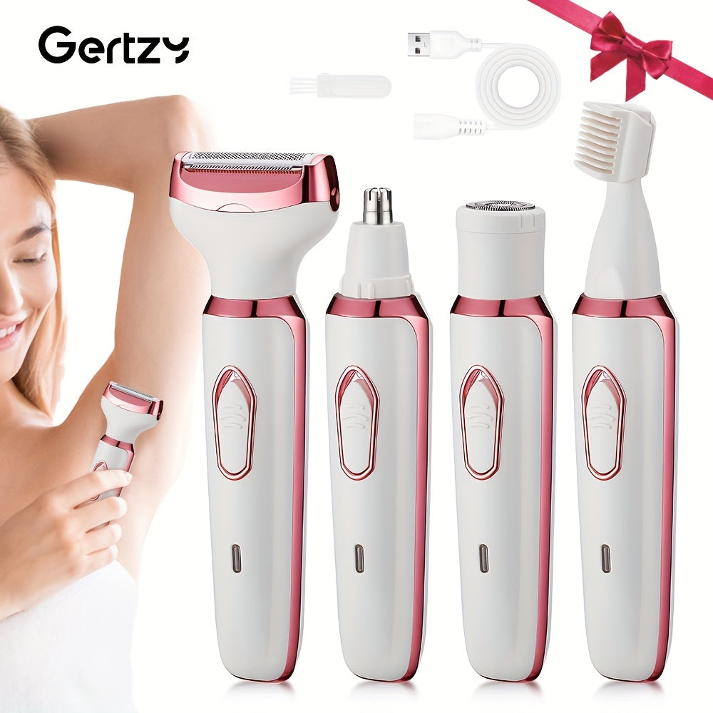4-In-1 Set Rechargeable Electric Shaver for Women - Trimmer for Face, Nose, Legs, Underarms, And Bikini Area - Suitable for Wet And Dry Use, Pain-Free Grooming Set - Compact And Rechargeable, Perfect Gift