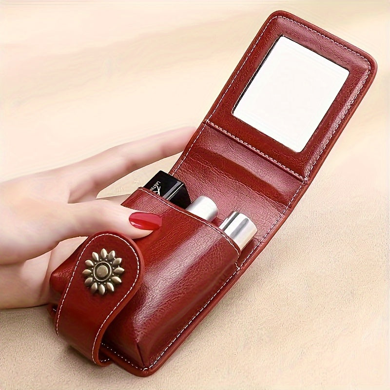 A Stylish And Elegant Mini Makeup Case PU Leather, Featuring a Mirror And a Snap Closure, Perfect for Daily Use And Travel. This Portable Beauty Storage Bag Comes in Red And Brown, with Fashionable Snap Closure And Metal Rive