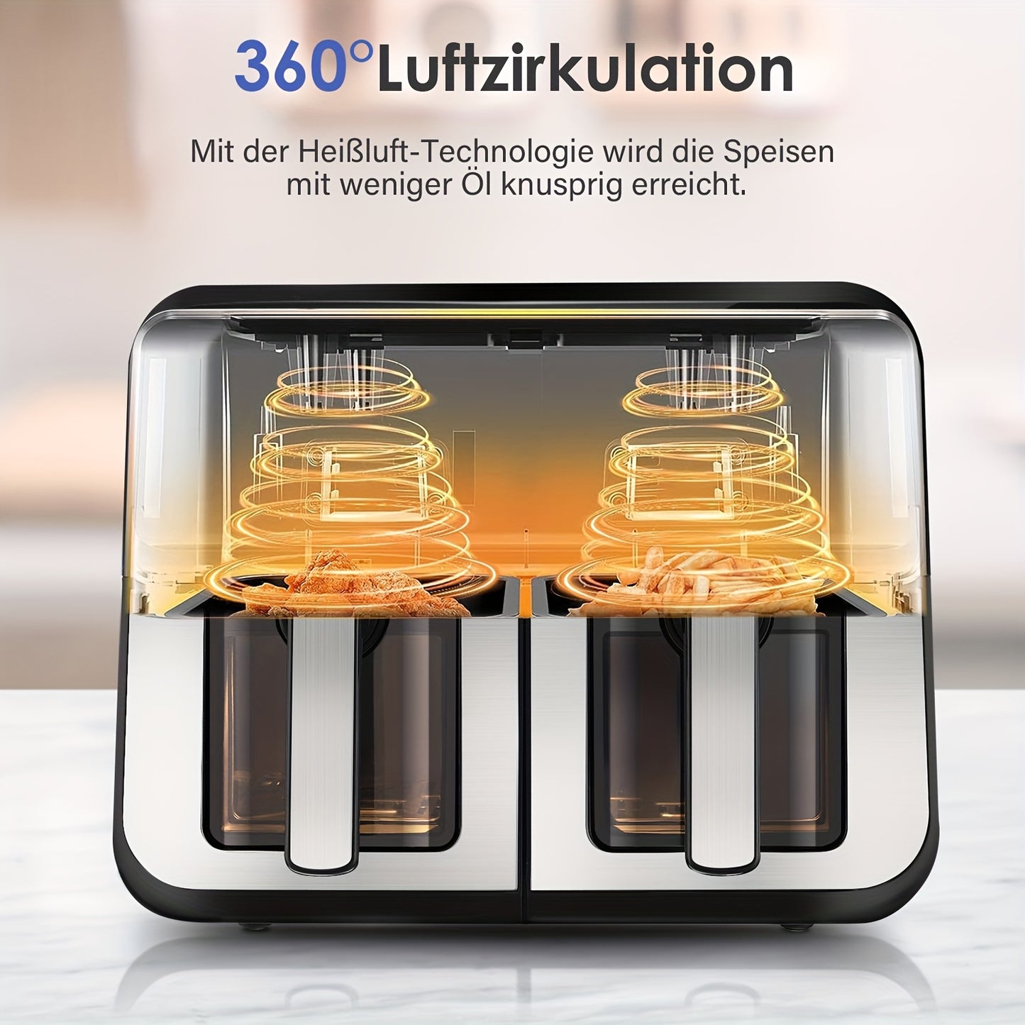 9L Dual-Basket Air Fryer (4.5L+4.5L), 2400W High-Power Cooking, Independent Temp Time Control, Smart Touch Panel with 8 Preset Modes, 80-200°C Adjustable Temp, 60Min Timer, Rapid Air Circulation, Stainless Steel Front, Heat-