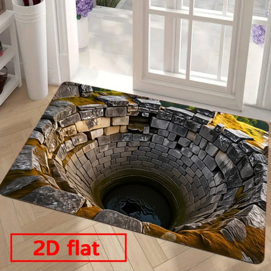 NEW Ancient Stone Door Flannel Mat | Heavy-Duty Floor with Non-Slip Sponge Base, Realistic Cave-In Illusion, Medieval-Look Stone Arch Design, for Indoor/Outdoor Entrance, Kitchen, Bathroom, Balcony (Dry Clean Only)
