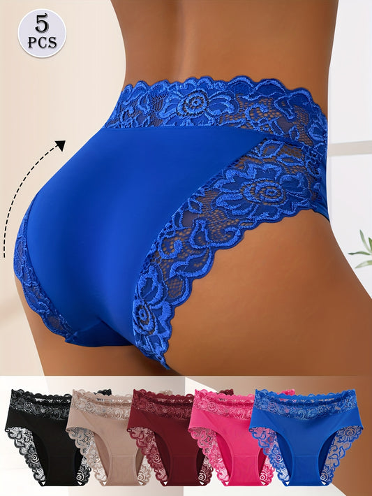 5pcs UK Size Women's Elegant Lace Spliced Triangle Panties - Breathable Mid-Rise Bikini Briefs, Romantic Holiday Fashion, Solid Color, Comfortable & Stylish, Everyday Underwear | Elegant Lace Detail | Smooth Texture Fabric