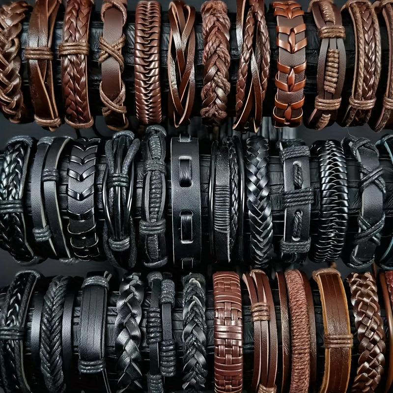 20pcs Handwoven PU Leather Bracelet Set Suitable for Men - Adjustable Retro Bracelets, Handmade for - Wear, Christmas/Halloween/Thanksgiving Gifts (20 Bracelets for Parties, Daily Use & Gifting)