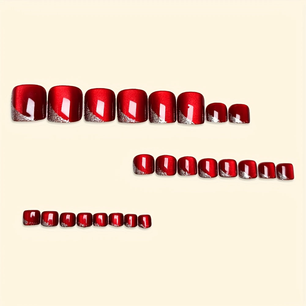 24 PCS Set Glossy Toe Nails Press On Nails Red Cat's Eye Glitter Stripe Fake Nails Artificial Toenail Manicure False Nails