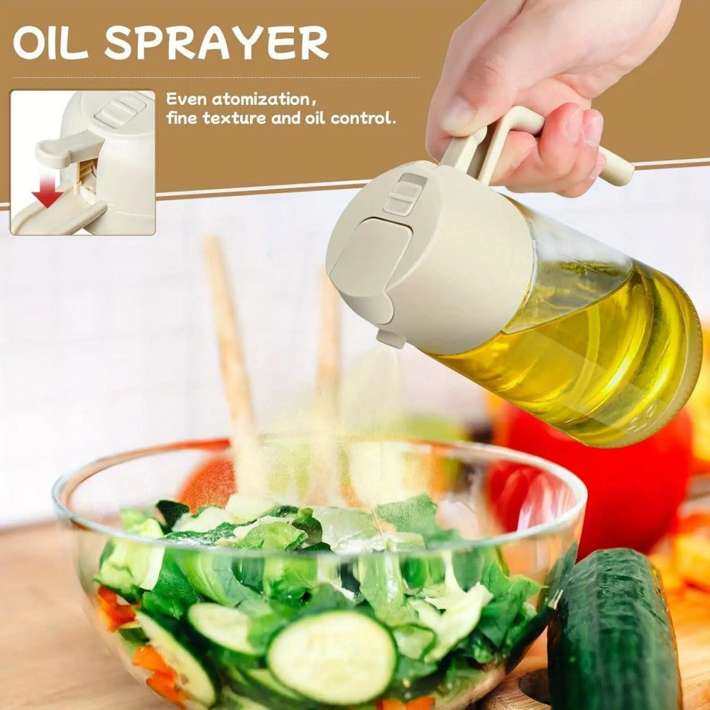 2 in 1 470ml Leak-Proof Dual Oil Dispenser Bottle, Made of Plastic with a Dual-squeeze Cap, Ideal for Cooking, Frying, Salad Dressings, Grilling, Air Frying, Outdoor Barbecues, and Home Kitchen Use. Easy to Clean and Durable