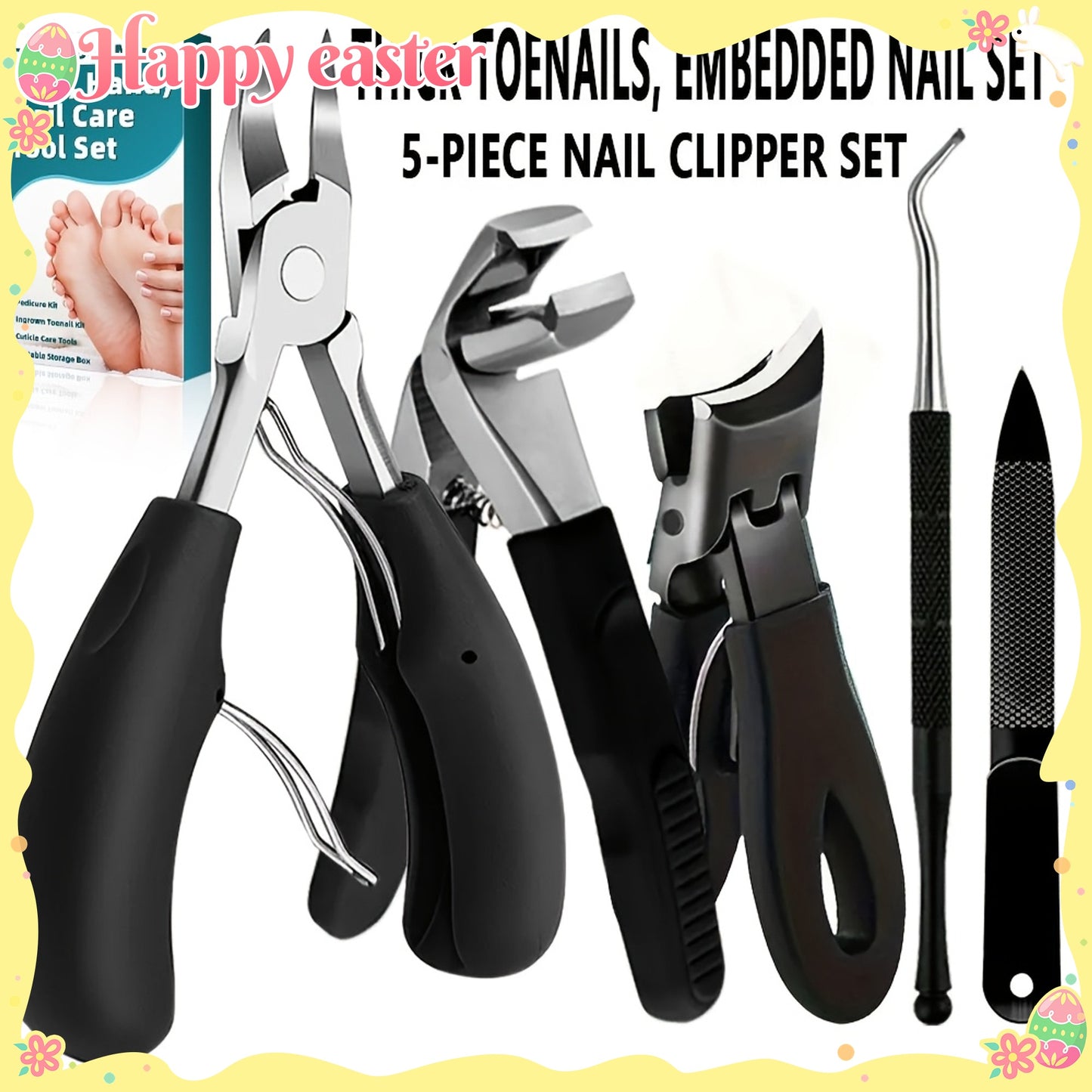 5 PCS Set Stainless Steel Nail Care Kit for Ingrown & Thick Toenails - Heavy-Duty Clippers Set with Nail File, Cuticle Nippers, Toenail Clippers for Seniors Thick Toenails - Classic Black Handles for Men, Women, Seniors, Foot