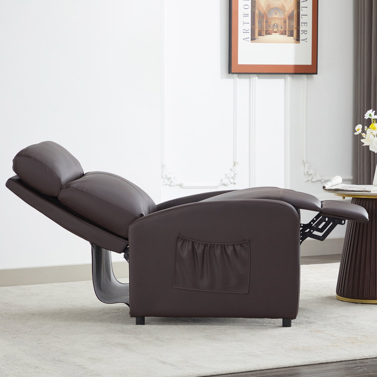 Push Back Recliner Chair Bed , Single Sofa with Lumbar Support, Padded Backrest, Side Pocket and Adjustable Leg Rest for Home Living Room