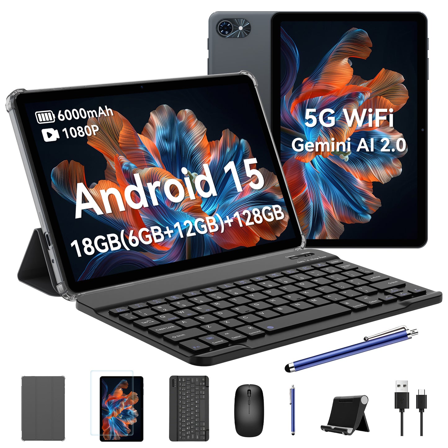 T80 Android 15 Tablet with Keyboard - 18 (6+12) GB RAM + 128GB ROM (2TB TF), 10-Inch Tablet, 6000mAh, 5MP + 2MP, Gemini AI, 5G Wi-Fi, GPS, Face ID