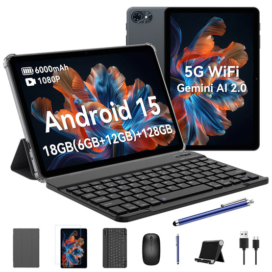T80 Android 15 Tablet with Keyboard - 18 (6+12) GB RAM + 128GB ROM (2TB TF), 10-Inch Tablet, 6000mAh, 5MP + 2MP, Gemini AI, 5G Wi-Fi, GPS, Face ID