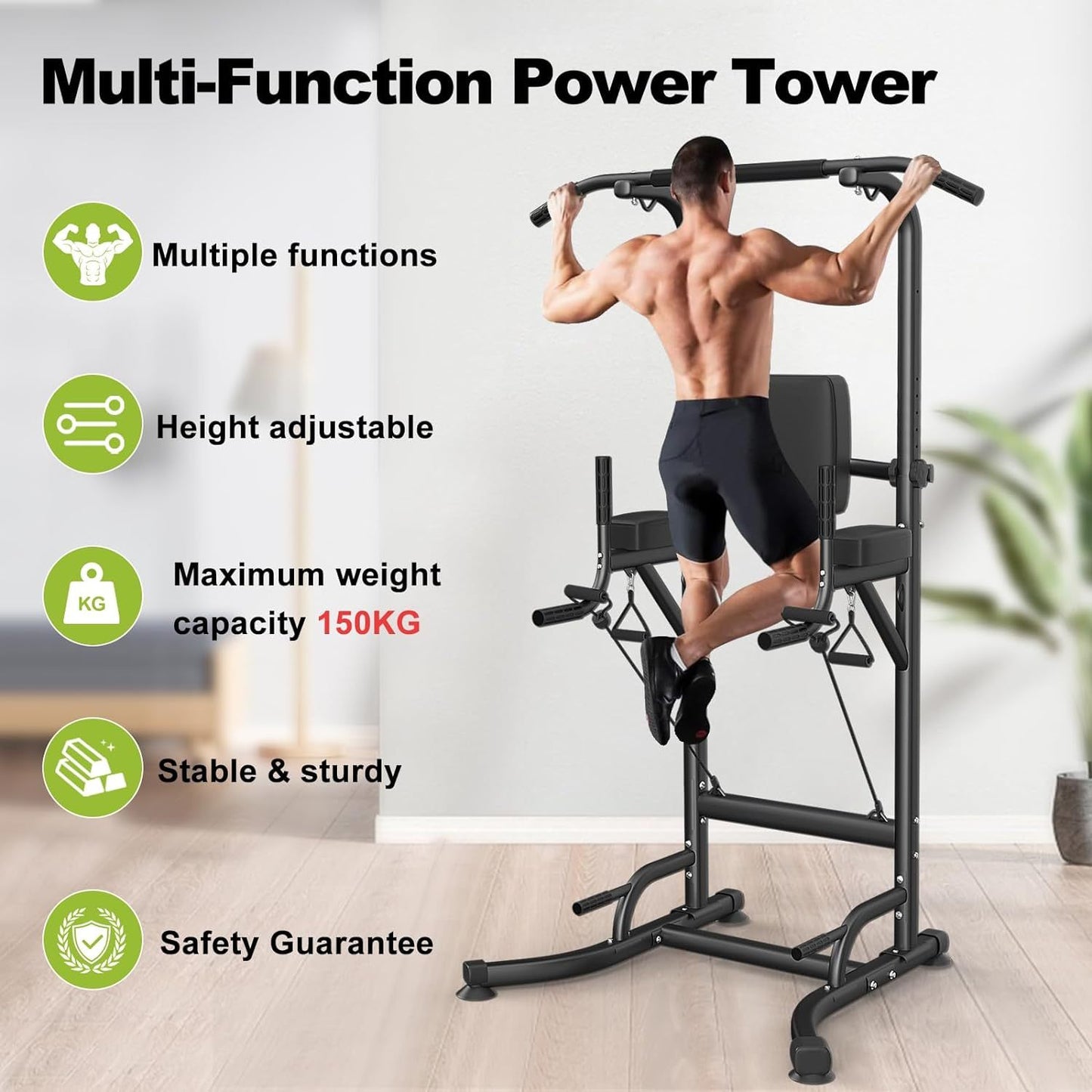 Home Gym Power Tower Pull-Up & Dip Station for Home Gym - Adjustable Height Range, 330LBS Capacity with Anti-Slip Suction Cups H-Steel Base Power Rack Women Men Sports Supplies