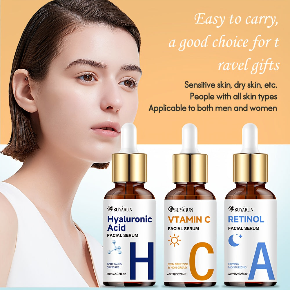 3 PCS Set 60ml Each Day & Night Vitamin C + Retinol + Hyaluronic Acid Triple Action Set, Enriched with Collagen, Aloe Vera, and Niacinamide, Brightens Complexion, Firms Skin, Deeply Hydrates, and Evens Light Beige. Gentle, Oi
