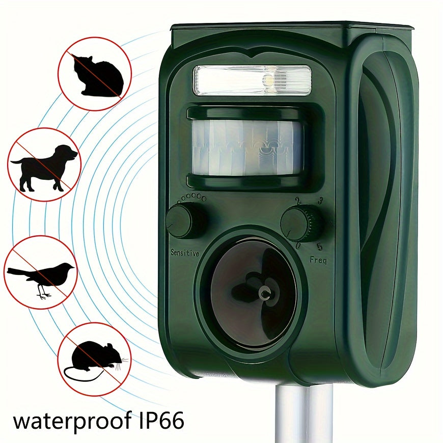Upgrade Solar-Powered Ultrasonic Animal Repellent, Farm Home Garden Action-Sensor LED Flashlight - Waterproof IP66, Dog, Cat, Squirrel, Raccoon, Skunk, Rabbit, Rodent, Fox, Deer Repellent, 36.83x10.92x5.33 cm, Outdoor Securi