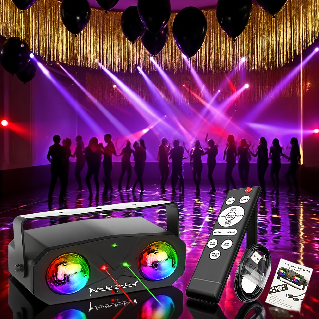 Double Magic Ball Laser stage light, LED + laser, flashing light effect, voice control with remote control, handle design, USB power supply, suitable for gatherings, parties, birthdays, festival essential atmosphere light, La