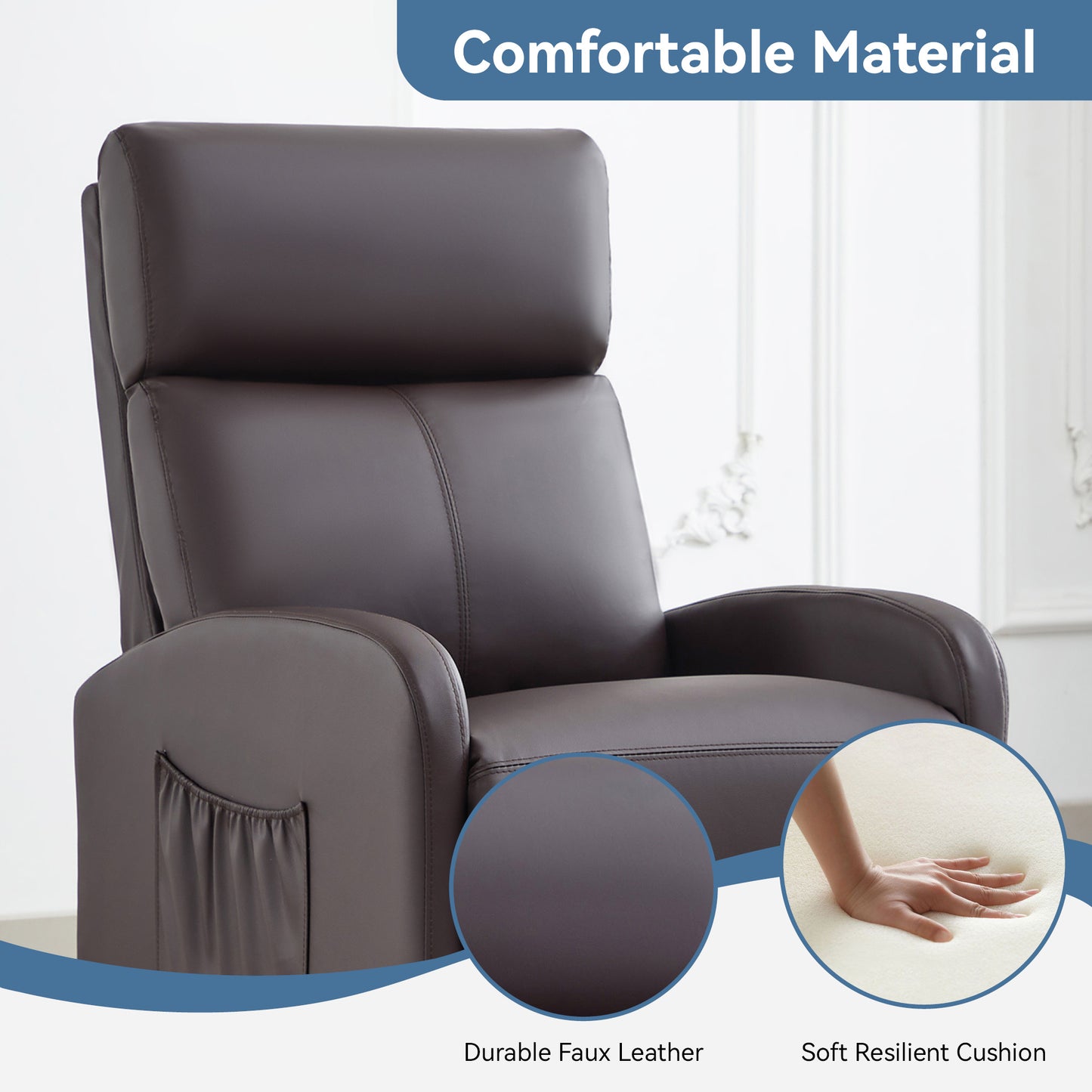 Push Back Recliner Chair Bed , Single Sofa with Lumbar Support, Padded Backrest, Side Pocket and Adjustable Leg Rest for Home Living Room