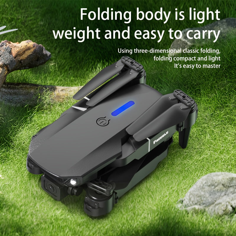 E88 Pro! Featuring a Foldable Design,  Compact And Lightweight, Available in Two Minimalist Colors: Black And Gray, Along with a Sturdy Build. It Has Dual 480P Cameras And Remote Control Operation