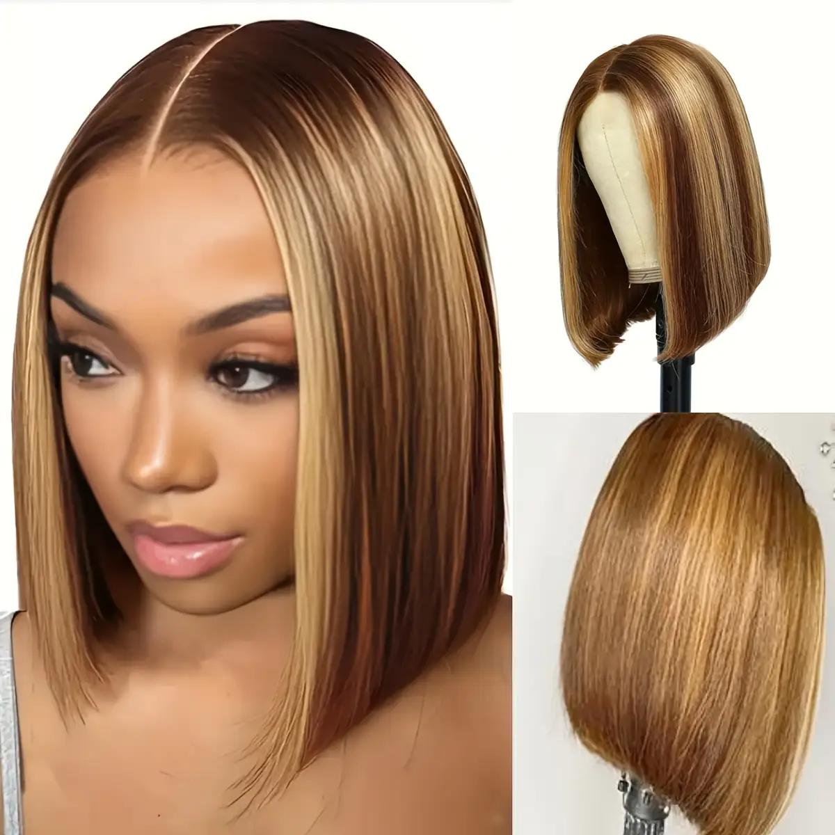 Short Bob Wig for Women & - Natural-Looking Body Wave Synthetic Hair with Golden Brown/Blonde/Beige/Brunette Ombre, Heat-Resistant Fiber & Breathable Mesh Cap, Middle Part Short Cut Wig for Daily Wear, Suits All Beige Tones