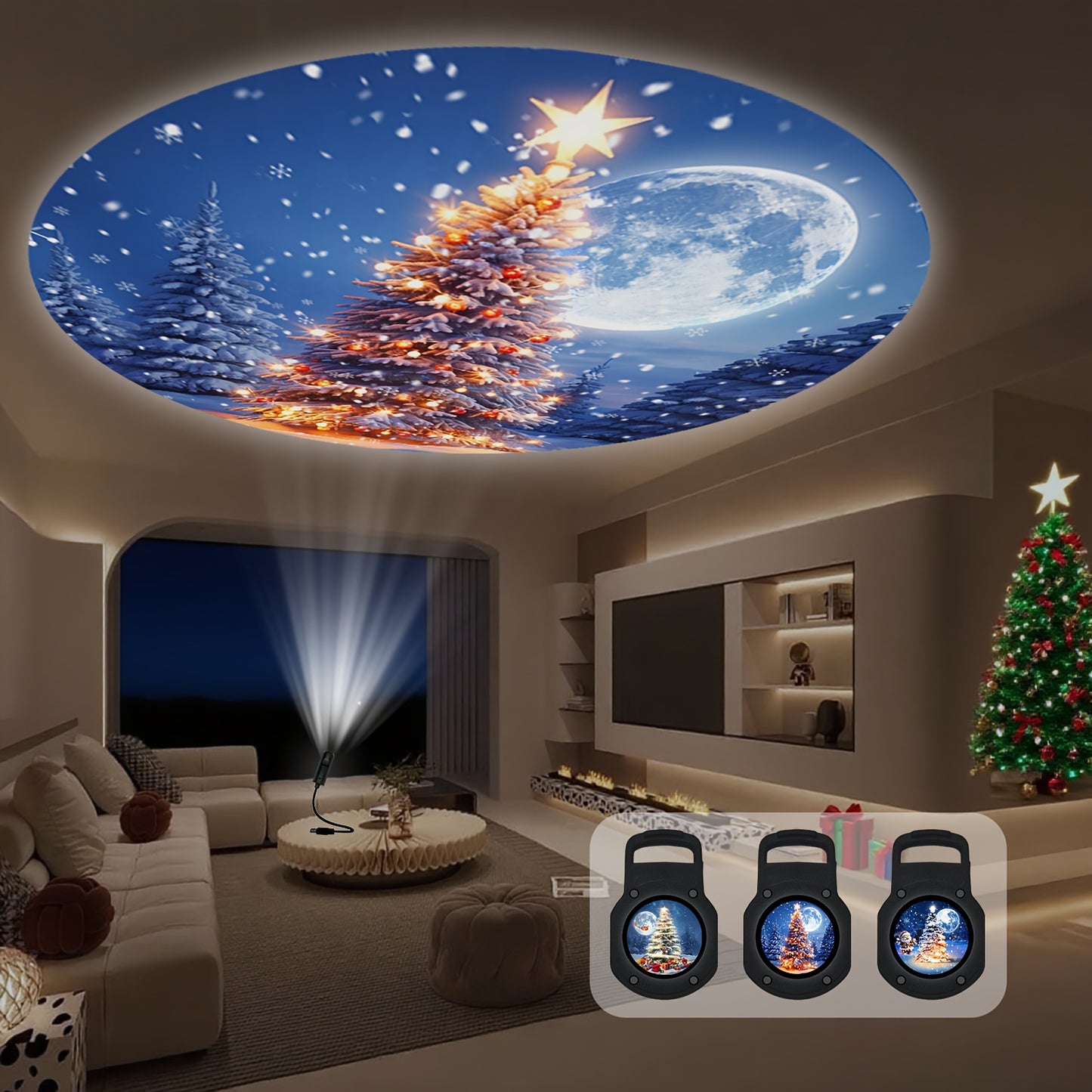 1 light and 3 Christmas picture projector lamp, three light and shadow can be changed, USB plug and play atmosphere light, suitable for ceiling wall background decoration light, 360 ° rotatable Christmas holiday projector, b