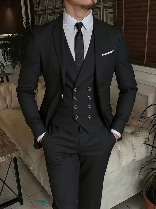 3 PCS Men's Luxury Suit in Large Sizes, Black and Gray Color Including a Tuxedo, Vest, And Trousers, Formal Business Events. Wedding Guest Features a Tailored Fit, Lapel, Long Sleeves, And Non-Stretch Fabric, Made with High Q