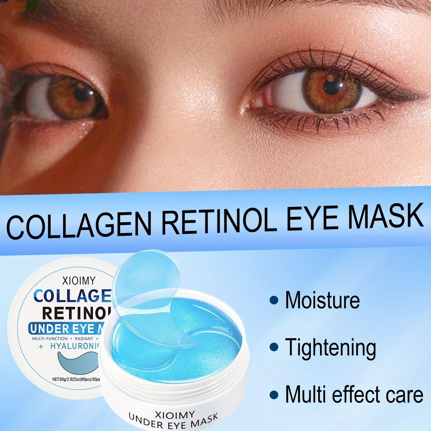 60 PCS Set Korean Collagen & Retinol Hydrogel Eye Masks - Hypoallergenic, Intense Hydration & Light Beige Care, Smooth Eye Patches for All Light Beige Types, Dark Circles & Puffiness, Fragrance-Free, Unisex Adult Use, Hydrati