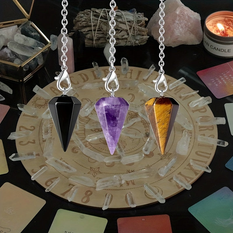 3 PCS Set Mystic Crystal Pendulums Set for Divination Dowsing Natural Amethyst Tiger Eye Black Obsidian Crystal Quartz Reiki Gemstone Pendants Future Reading Medium