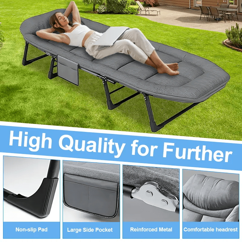 For Beach Camping Cot Large Folding Bed Deck Chair , Lightweight Guest Bed with Adjustable 6 Positions, Comfortable Mattress And Pillows, Breathable Fabric, Portable Durable, Suitable for Outdoor Use