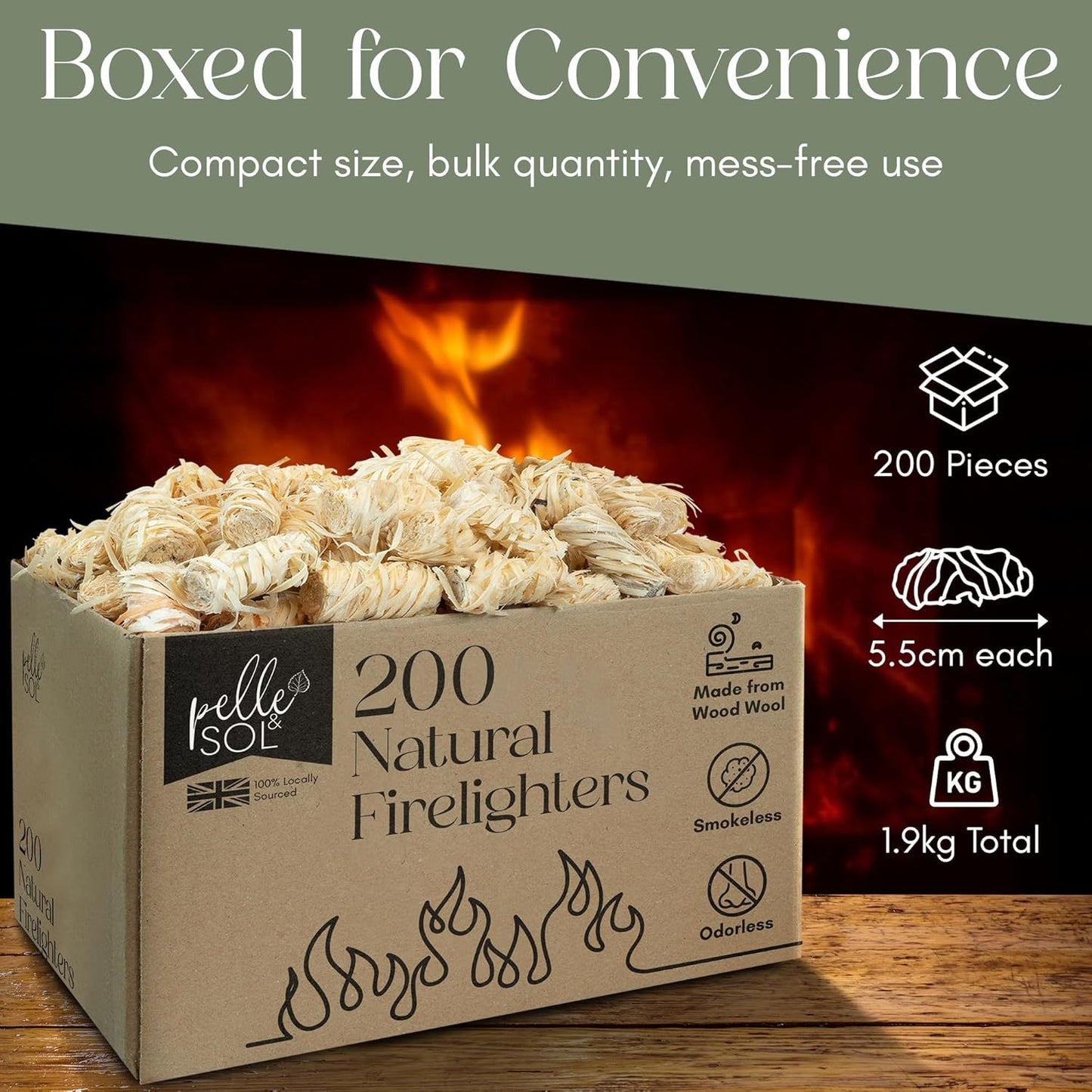 200 PCS Set Pelle & Sol 200 Natural Firelighters – Long Burning Fire Lighters for Wood Burners, BBQ Lighter, Pizza Ovens, Open Fires – Quick Light Fire Starter, Camping Accessories