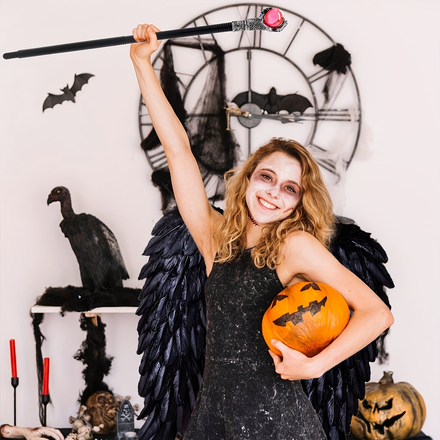 3 PCS Set Black Fallen Angel Costume Accessories Set, Including Wings Devil Horns Headband Witch Cane Halloween Clothing Supplies