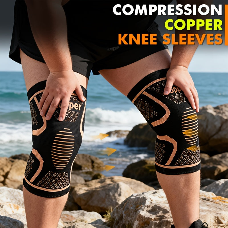 2 PCS Set- Extra Large Copper Compression Knee Sleeves with Non-Slip Strips, Oversized Breathable & Comfortable Knee Brace, Plus Size High Elasticity Knee Support for Running, Fitness, Men& Women, Black Brown, 1XL-3XL- Weight