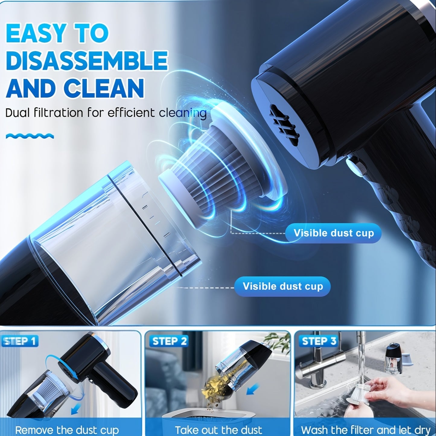 NEW Arrivals Car Vacuum 15000Pa Powerful Suction Handheld Portable with Fast Charging, - Cord-Free Operation, Quiet 80dB, Flat Suction Head & Crevice for Car,, Pet Hair Removal, Car Interior Cleaning ( Charging