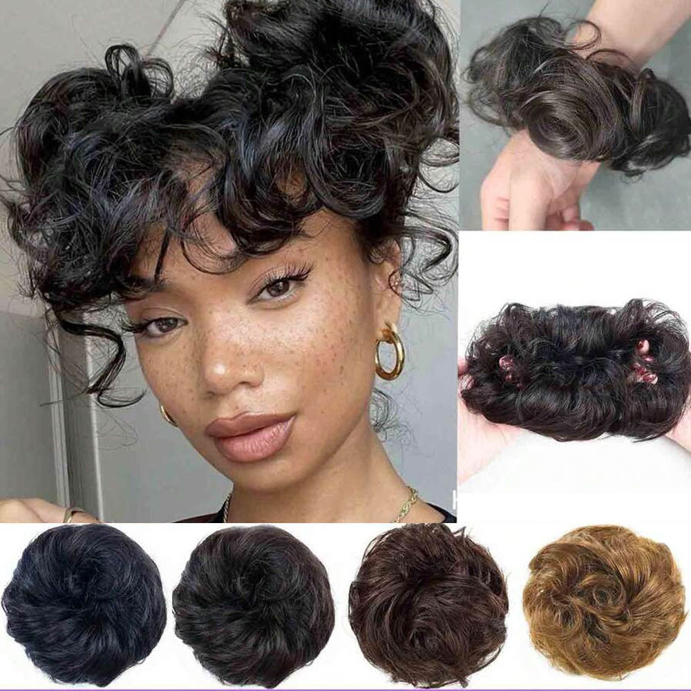 Real Human Hair Bun Donut 4 Colors with Elastic Band - Wavy Volume, Instant Updo Extensions for, Scalp-Propatible Hairpiece for Chignons, Buns & Volume (No Glue/)