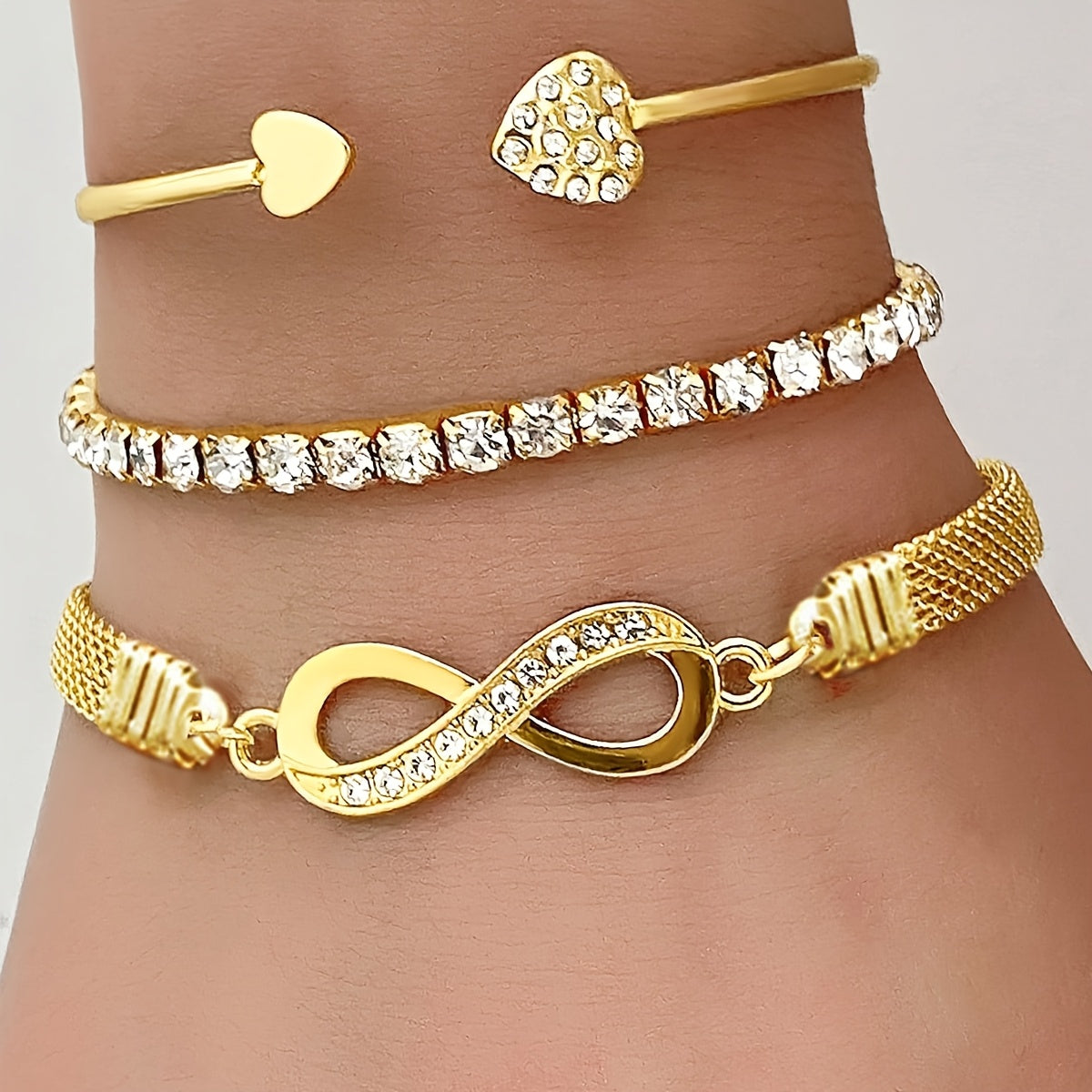 3 PCS Set Women's Bracelet and Bangle Set, Fashionable Elegant Rhinestone Infinity Symbol Tennis Chain Open Cuff Bracelet Collection for Christmas Thanksgiving Halloween Party Gift, Bracelets for Women, Bracelets for Women Hi