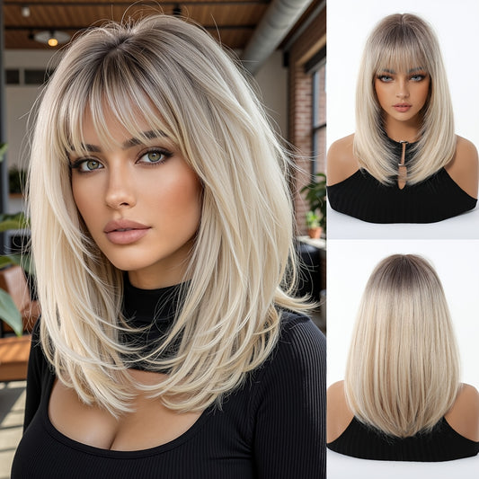 NEW Women's Short Straight Bob Wig with Bangs - White/Golden Dark Root Short Cut Synthetic Hair, Heat-Resistant Fiber Suitable for Daily Use, Parties, Photo Shoots - No Lace Front Women Hair Care Supplies