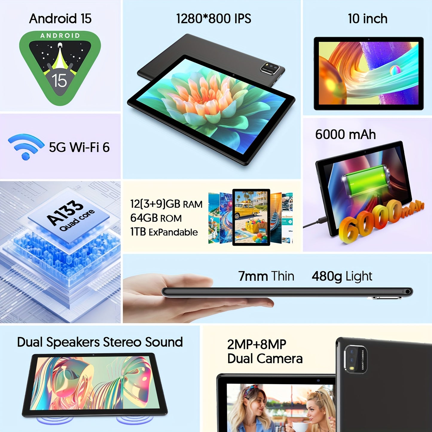 Android Tablet, Full Set Android 15 Tablet 10 Inch 12 (3+9) GB+64GB, 1TB Expansion, 4-core, 6000mAh, 2.0MP+8.0MP Dual Camera 5G WiFi 61280x800 High-definition Touch Screen, :Tablet+ case/ Tablet With Keyboard +Mouse+ Case+ St