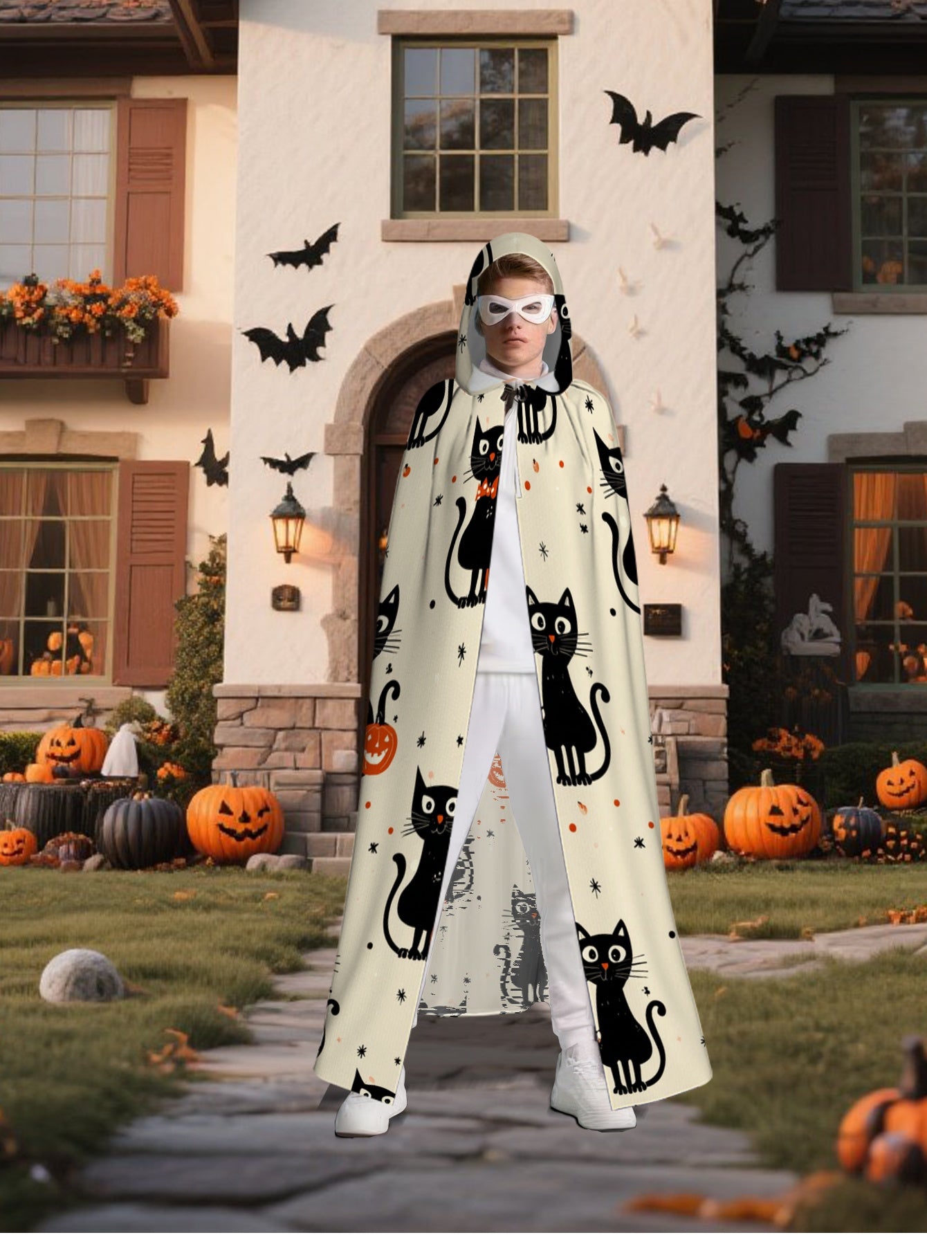 All-Season Witchcraft Halloween Hooded Cape Costume - Black & White Print with Witch Hat, Loose-Fit Witch/ Costume Accessory for, Machine Washable (Halloween Party Outfit, Carnival Cosplay Masquerade)