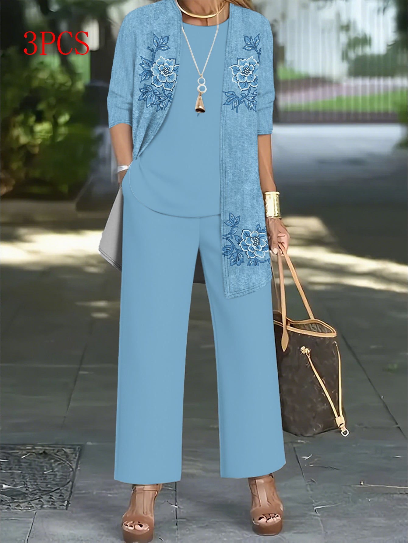 For Curvy Ladies 3 PCS Set XL-5XK UK (18-26) Plus-Size Women's Blazer Suit with Camisole, Pants & Jacket - Full-Body Print Round Neck Matching Outfit, Machine Washable Coordinated Ensemble for, Semi-Formal Events & Casual Att