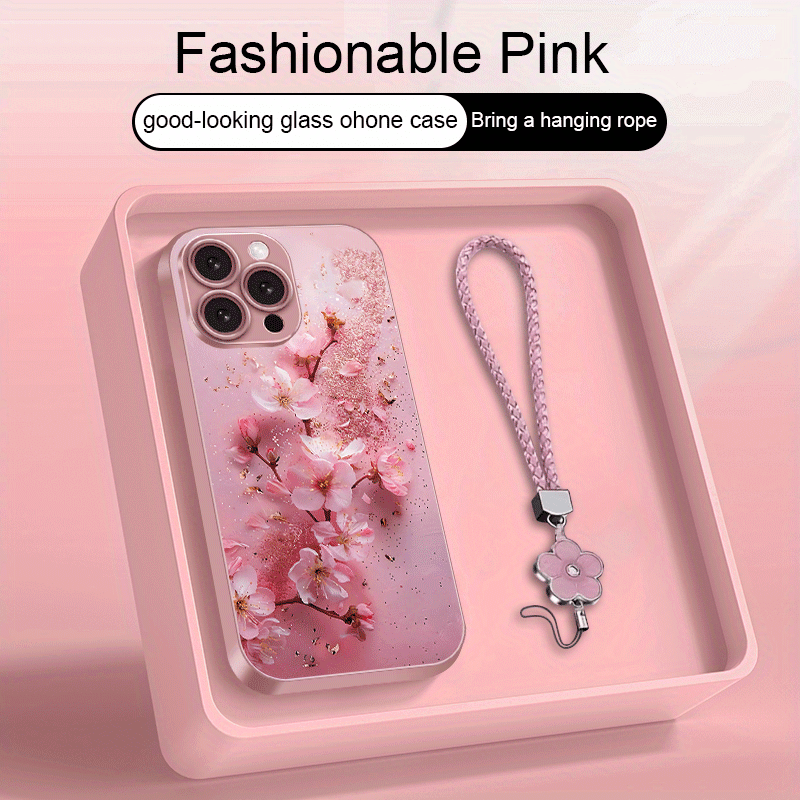 Golden-Plated Cherry Blossom Metal Paint Glass Phone Case with Lanyard for iPhone 16/16 Plus/16 Pro/16 Pro Max/15/15 Plus/15 Pro/15 Pro Max/14/14 Plus/14 Pro/14 Pro Max/13/13 Pro/13 Pro Max/13 Mini/12/12 Pro/12 Pro Max/12 min