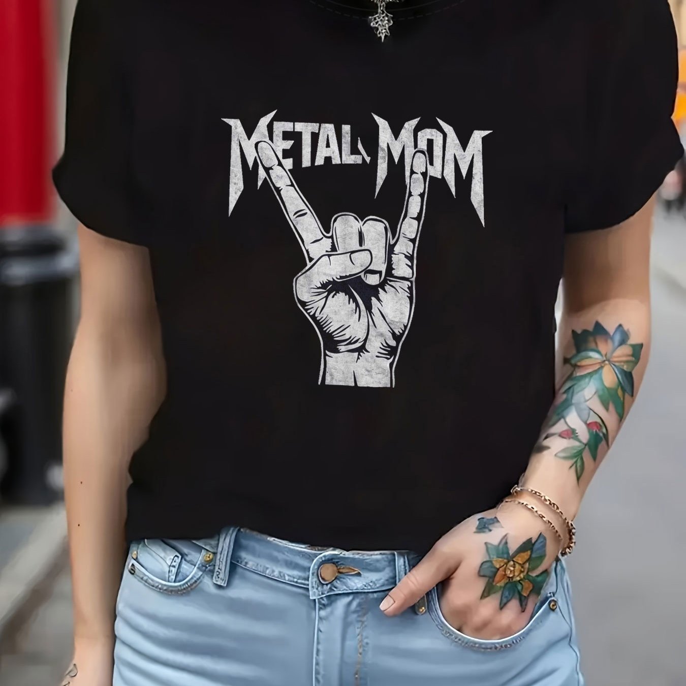 XL-5XL Plus Size, METAL MOM Women's 'n' Roll Devil Horns Hand Gesture T-Shirt - Short Sleeve Crew Neck Top with Signal Print, Spring Summer Casual Wear for Rave Party, Concerts & Everyday Outfits