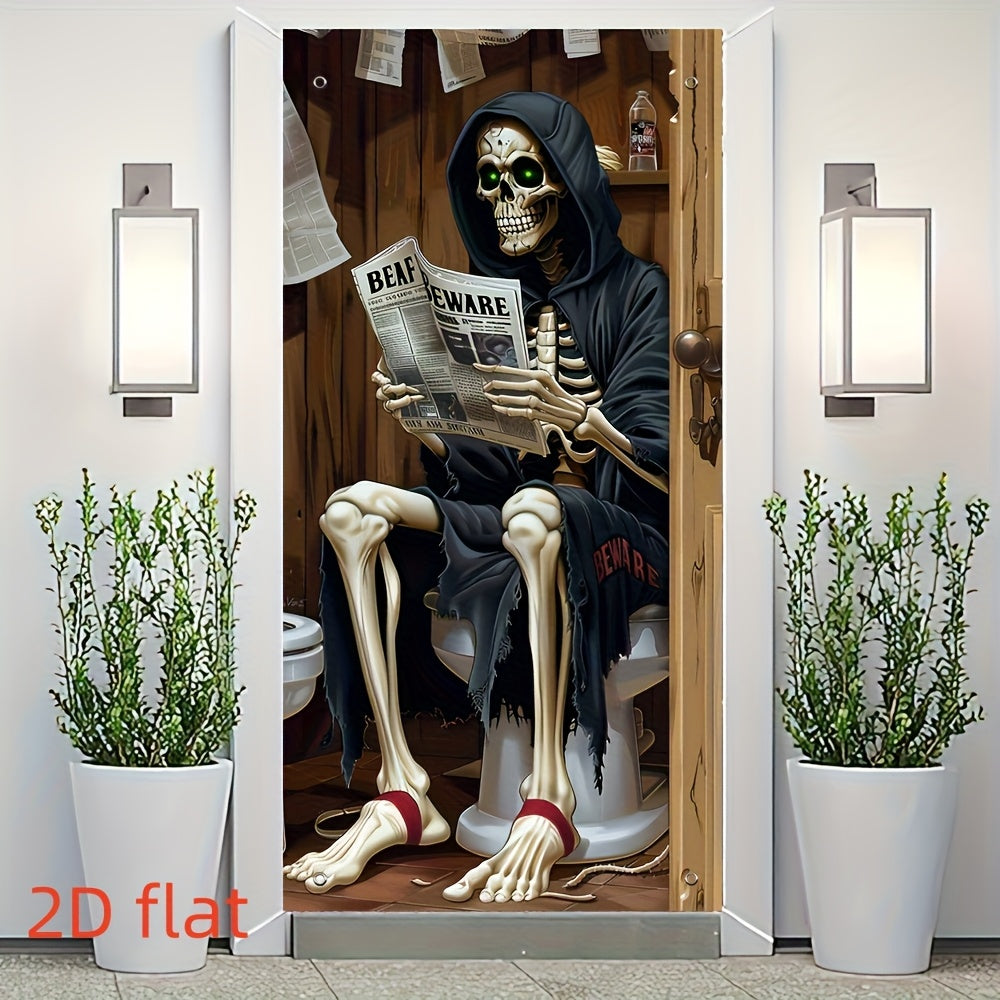2D Door Banner Spooky Skeleton Reading Newspaper Halloween Door Banner - 89.92cm x 179.83cm Polyester Outdoor & Party Decoration with Sunflowers, Jack-O'-Lanterns, and "BEWARE" Sign, Perfect for Festive Celebrations, Hallowee