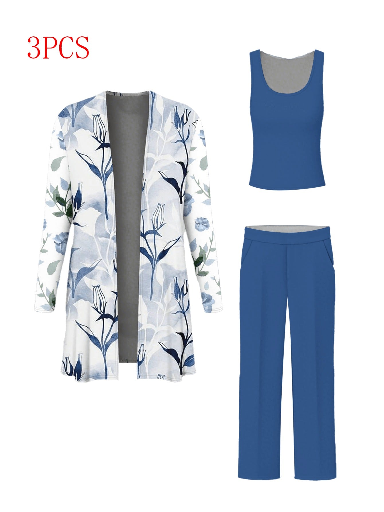 For Curvy Ladies 3 PCS Set XL-5XL UK (18-26) Plus-Size Women's Blazer Suit with Camisole, Pants & Jacket - Full-Body Print Round Neck Matching Outfit, Machine Washable Coordinated Ensemble for, Semi-Formal Events & Casual Att