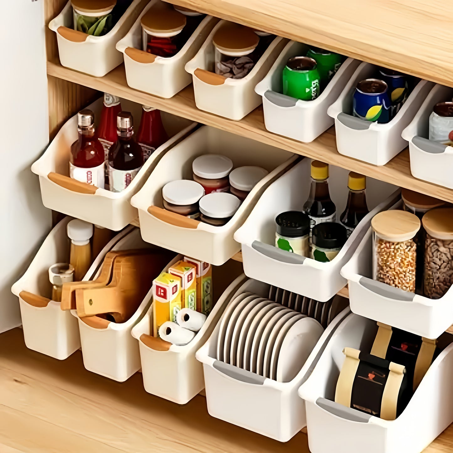 2 PCS Set Curved Design Storage Boxes - Heavy-Duty Plastic Organizer, White Space-Saving Container for Under Sink, Pantry & Cabinet Organization - Suitable for Cleaning Supplies, Household Essentials & Kitchen/Bathroom Storag