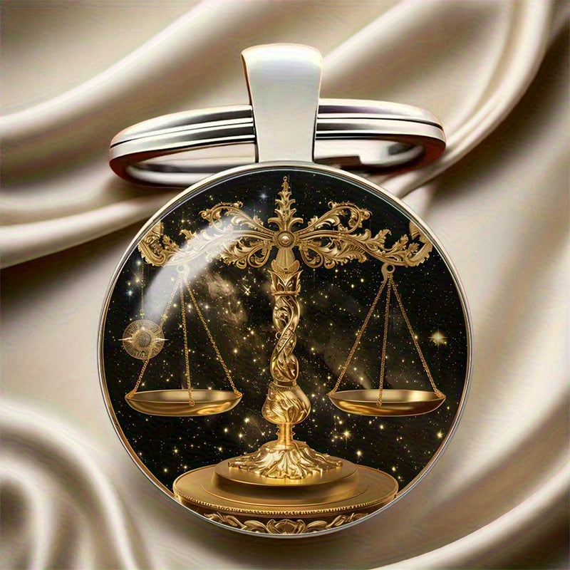2D Flat, 1pc Libra Zodiac Sign Keychain - Elegant Alloy Libra-Themed Key Ring with Convex Glass Beacon, Durable /Christmas/Valentine's Gift for &, Libra Charm Accessory for Keys or Bags, 2D Flat