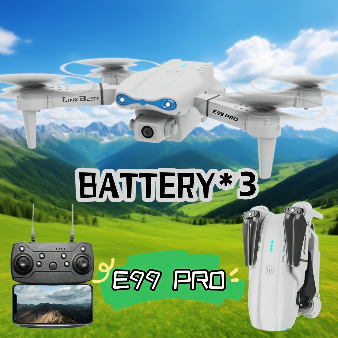 E99-PRO intelligent Drone + 3 Battery Set , Dual Cameras, Optical Flow Hover, 360 ° Flip, Folding Design, Perfectly Capturing Every Touching Moment, with Simple and Convenient Operation